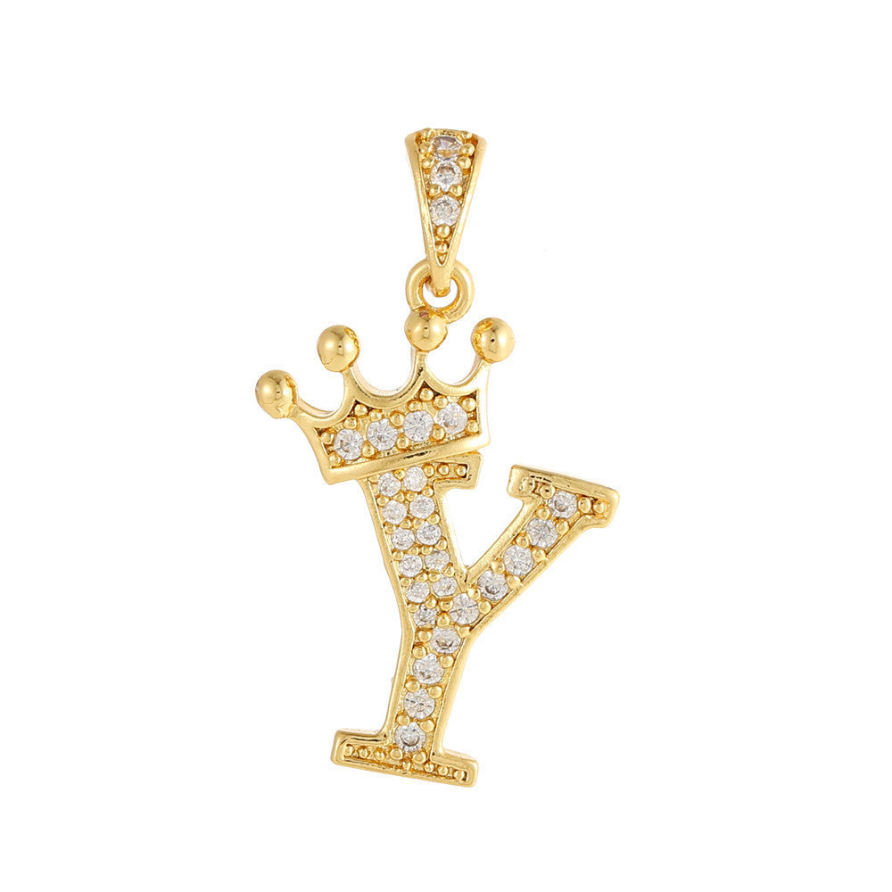Gold Plated Brass Crown Letter Charm Bar with Cubic Zirconia for DIY Necklace Bracelet