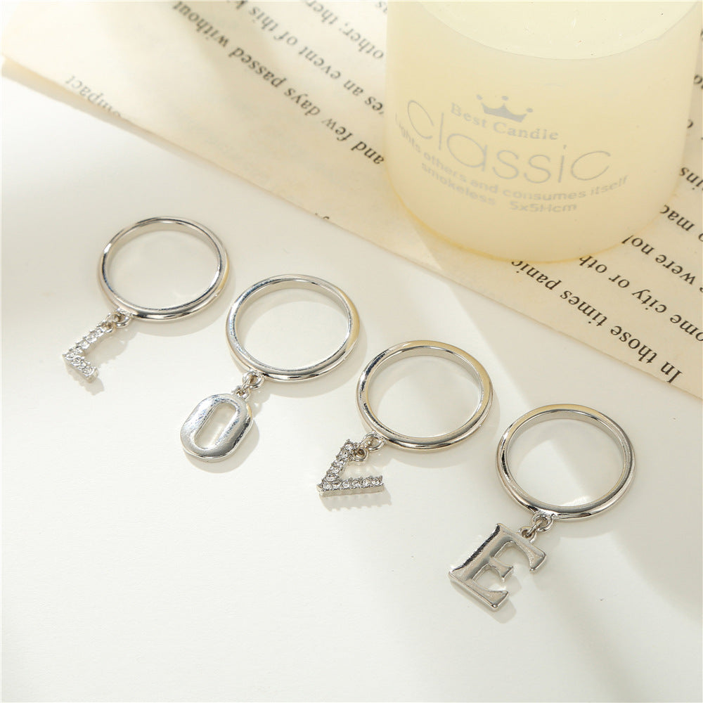 Sweet Geometric Letter Alloy Ring with Rhinestone Inlay LOVE Design Set of 4