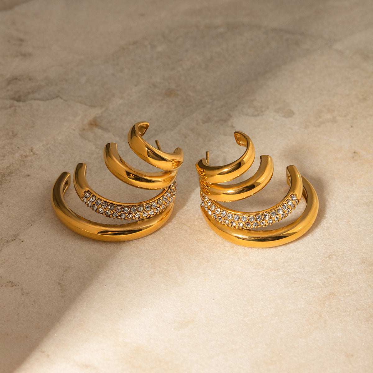 Minimalist Four-Layer C-Shaped Titanium Steel Earrings with 18K Gold Plating and White Rhinestone Accents for Women