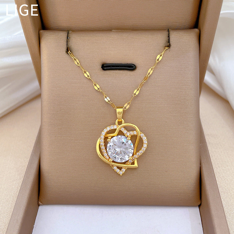 Collar de acero inoxidable de doble capa con forma de corazón e incrustaciones de diamantes de imitación para mujer, cadena de clavícula minimalista y elegante