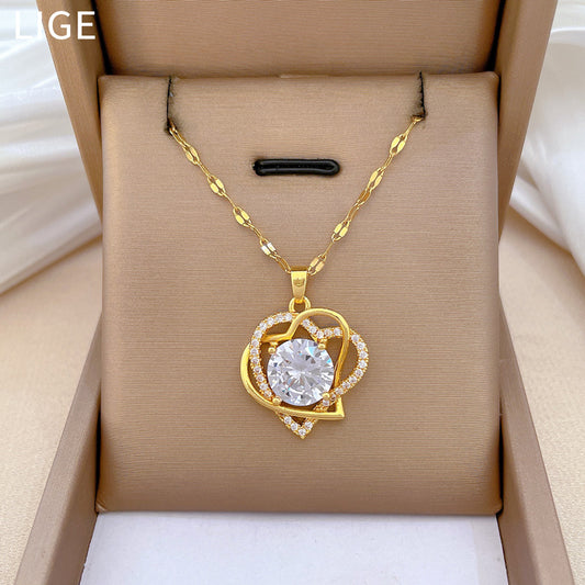 Collar de acero inoxidable de doble capa con forma de corazón e incrustaciones de diamantes de imitación para mujer, cadena de clavícula minimalista y elegante