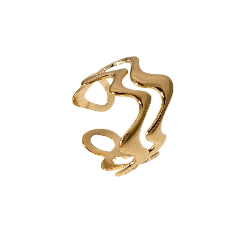 Anello da donna in acciaio inossidabile con texture a onda geometrica minimalista e finitura placcata