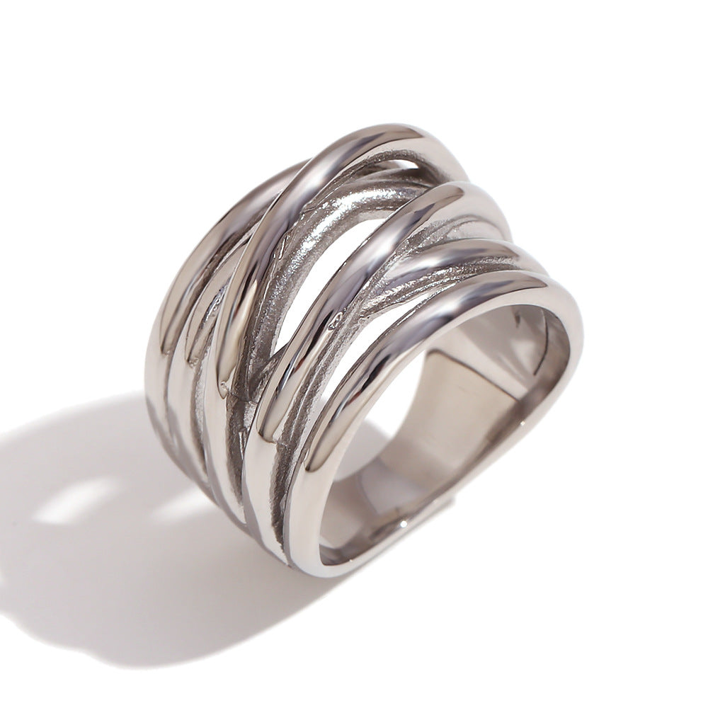 Vintage Geometric Stainless Steel Ring with 18K Gold Plating Irregular Woven Wraparound Band for Women