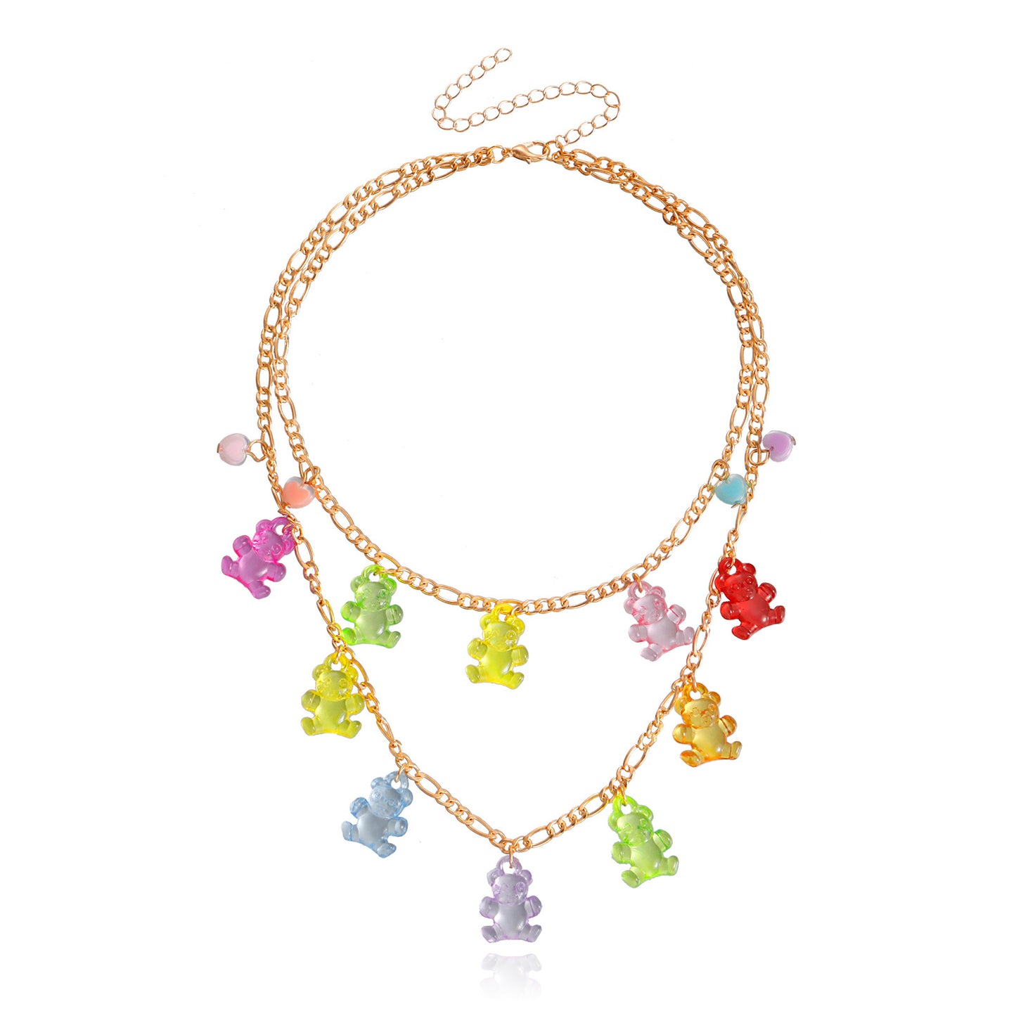 Cute Minimalist Double-Layer Bear and Heart Pendant Necklace for Women with Electroplated Metal Chain and Geometric Design