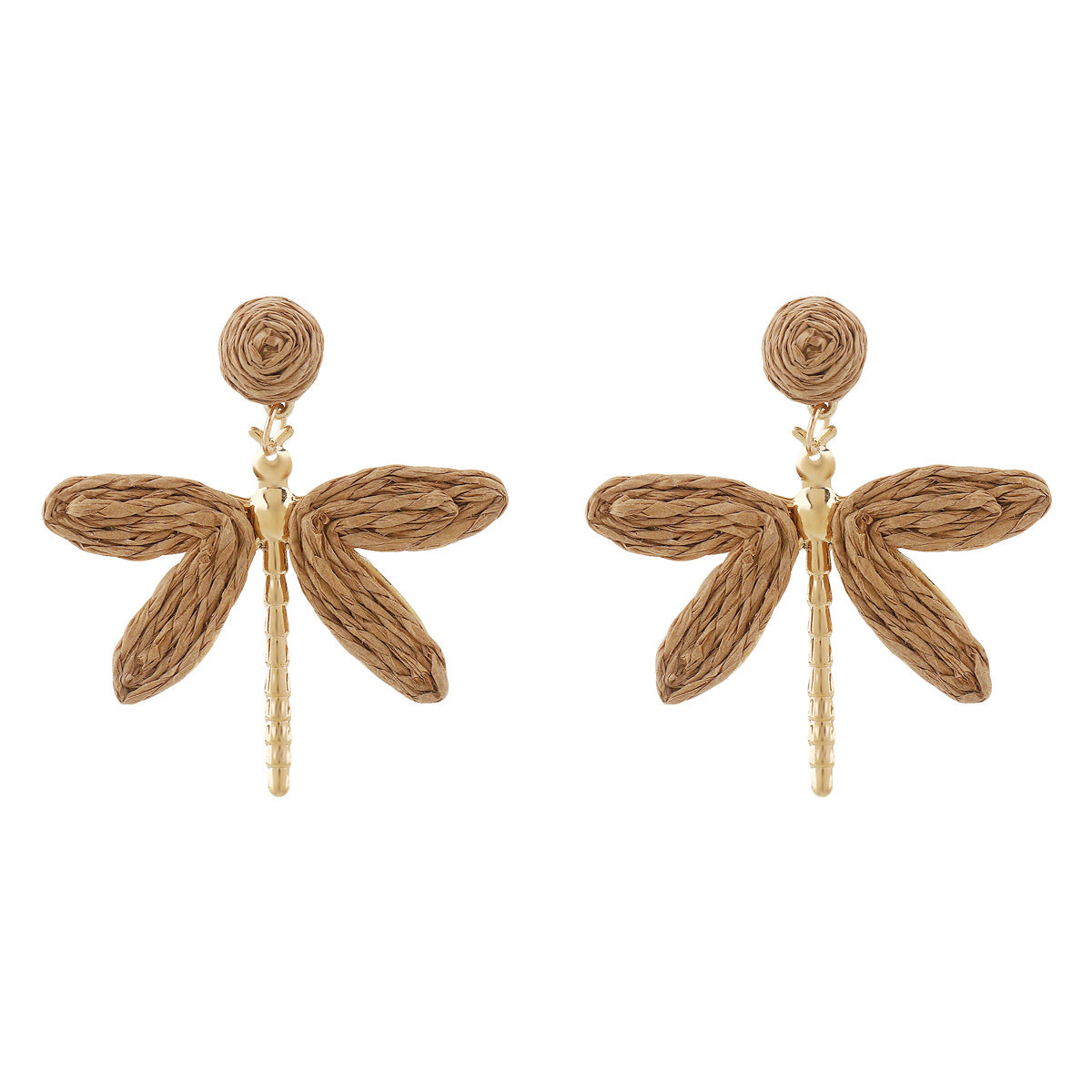 Vacation Style Handwoven Raffia Dragonfly Earrings for Women Alloy and Raffia Lightweight Bohemian-Inspired Fashion Earrings