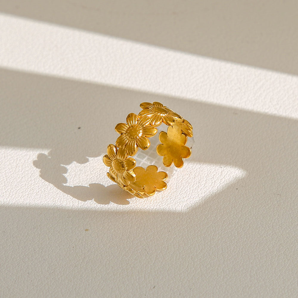 Anello di tendenza da donna in acciaio inossidabile geometrico placcato oro con perle e fiori stile Instagram