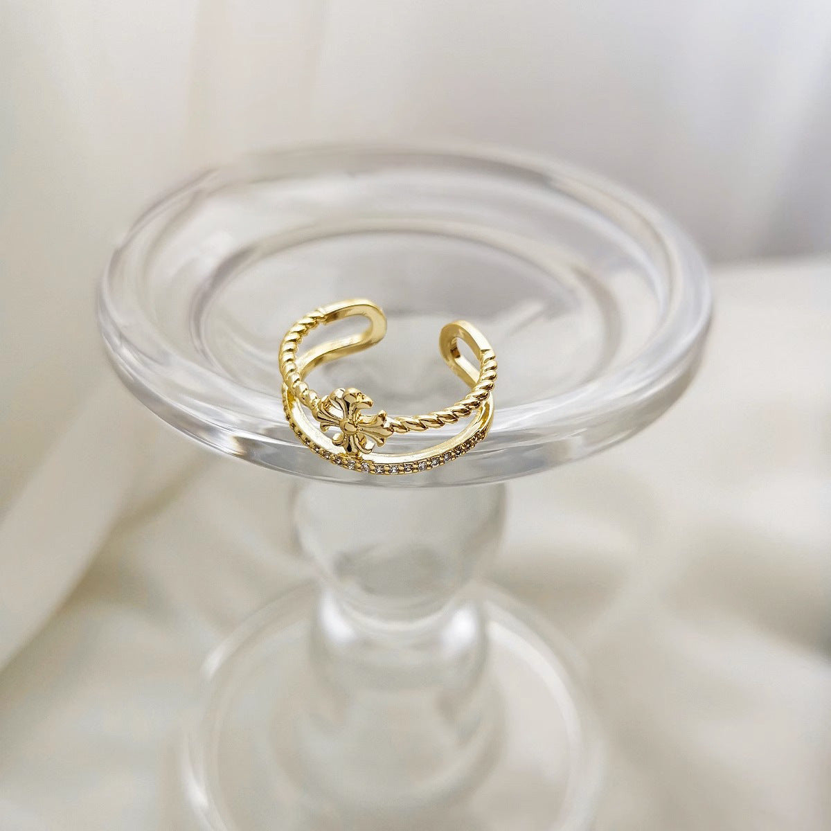 Minimalist Double-Layer C-Shaped Open Ring with Floral Motif in Gold-Plated Copper for Women
