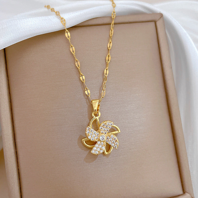 Sweet Geometric Rhinestone Windmill Pendant Necklace Titanium Steel Cable Chain for Unisex
