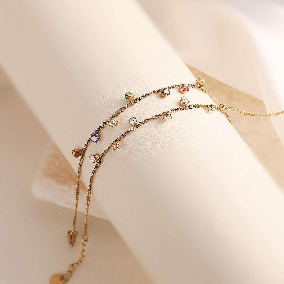 Minimalist Elegant 18K Gold Plated Geometric Gemstone Inlay Stainless Steel Bracelet for Women