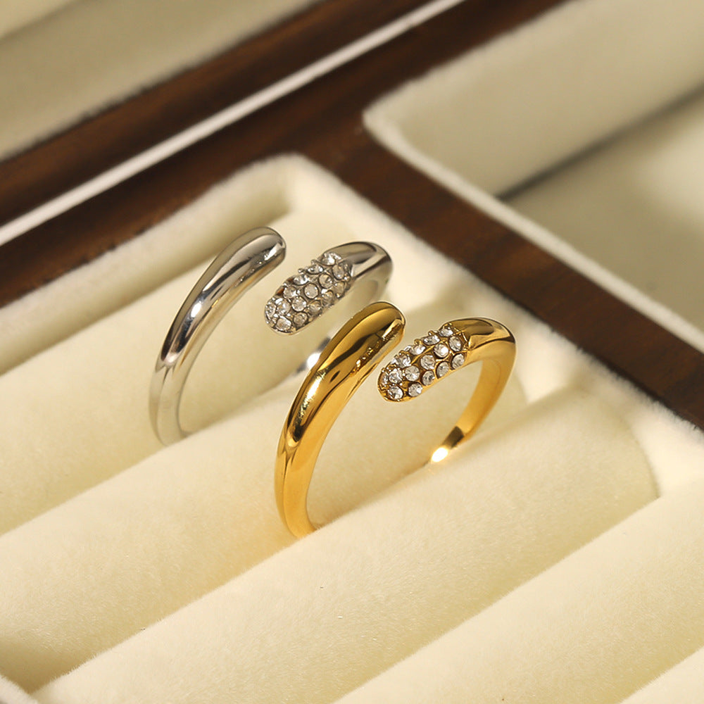 INS Style Geometric Stainless Steel Ring with Zirconia Inlay and 18K Gold Vacuum Plating for Women