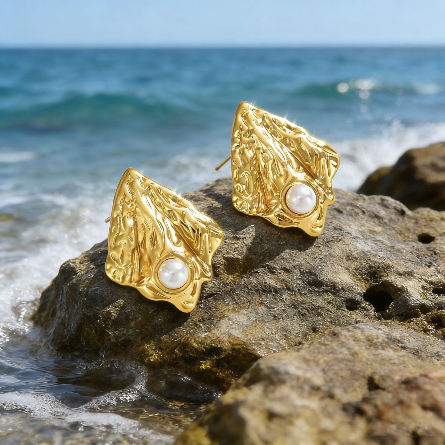 Geometric Stainless Steel Pearl Inlay Stud Earrings for Women
