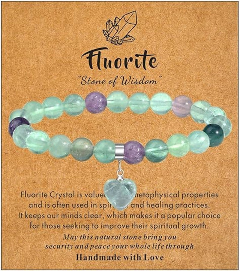 Minimalist Natural Stone Beaded Bracelet with Heart Pendant Unisex Elastic Stretch Bangle