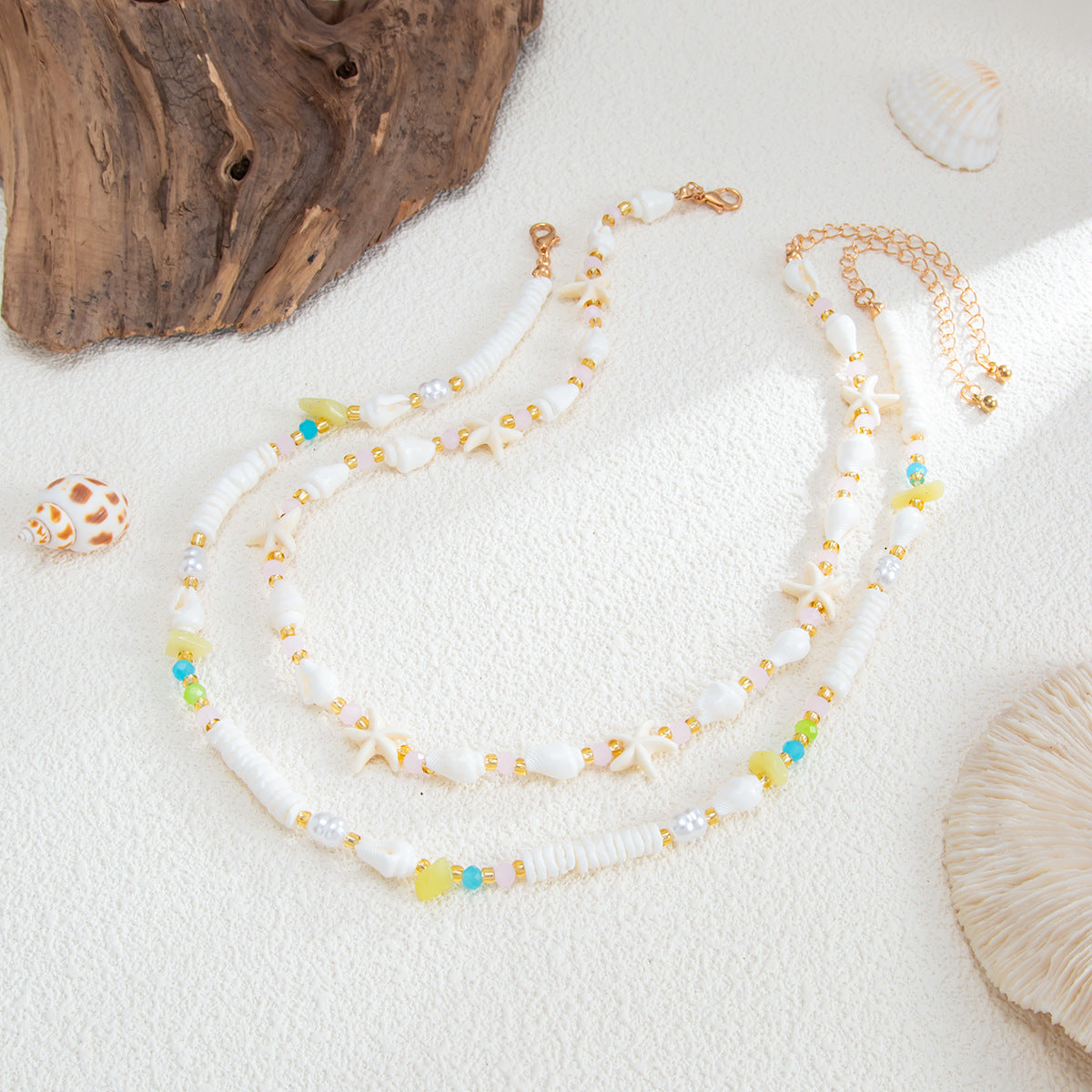 Sweet Multi-layer Conch Starfish Faux Pearl Beaded Necklace for Women