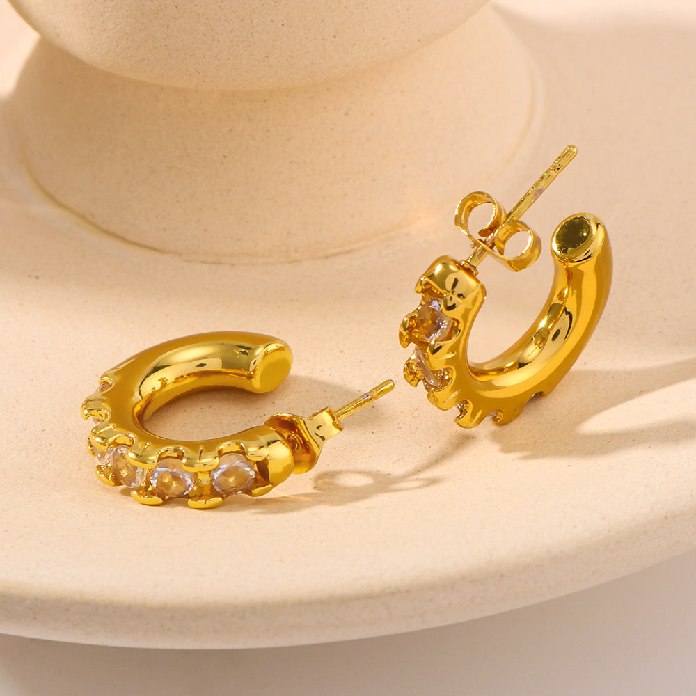 Geometric Stainless Steel Earrings with 18K Gold Plating and Cubic Zirconia Inlay for Women