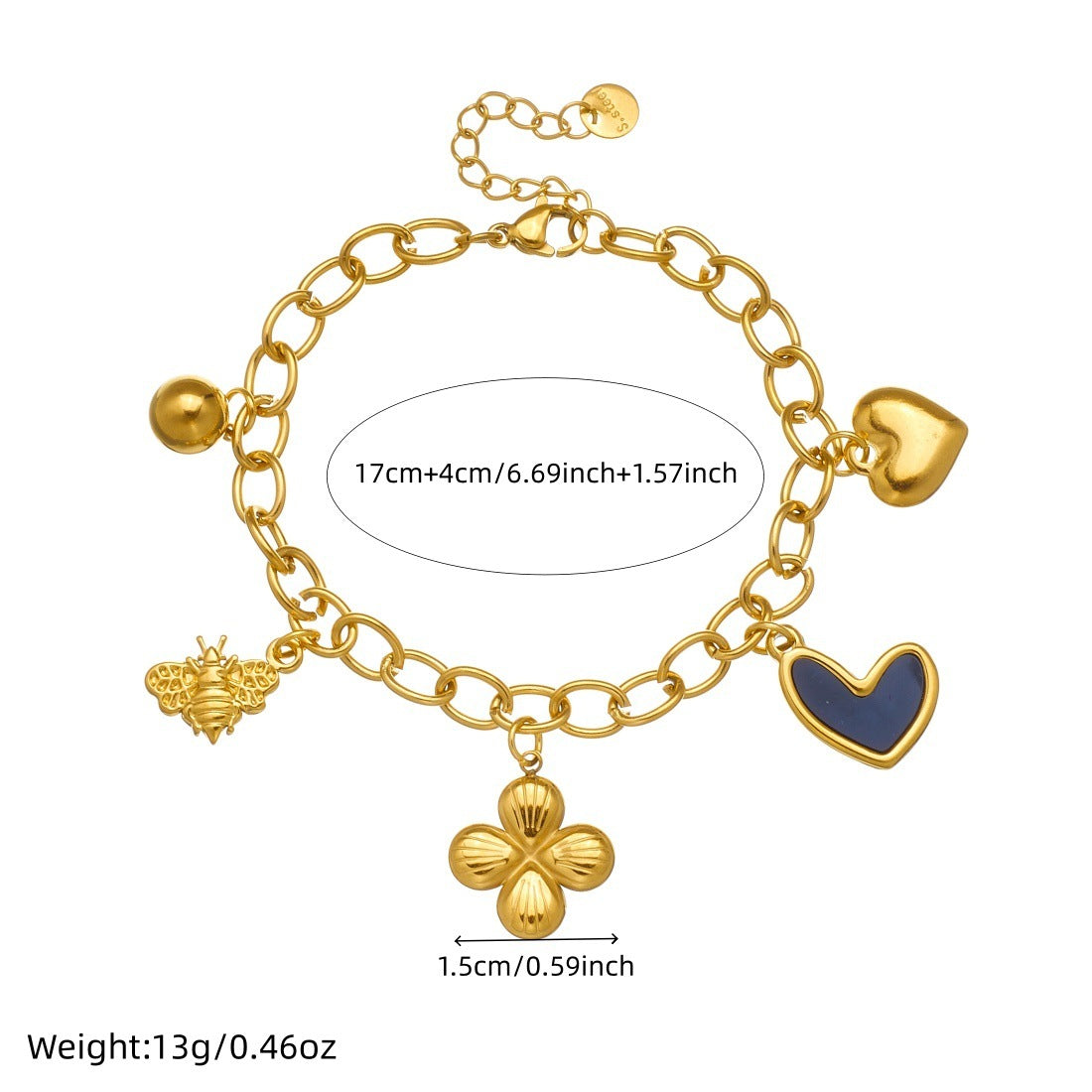 Minimalist Sweet Gold Plated Black Drip Oil Heart Floral Pendant Stainless Steel Bracelet for Women