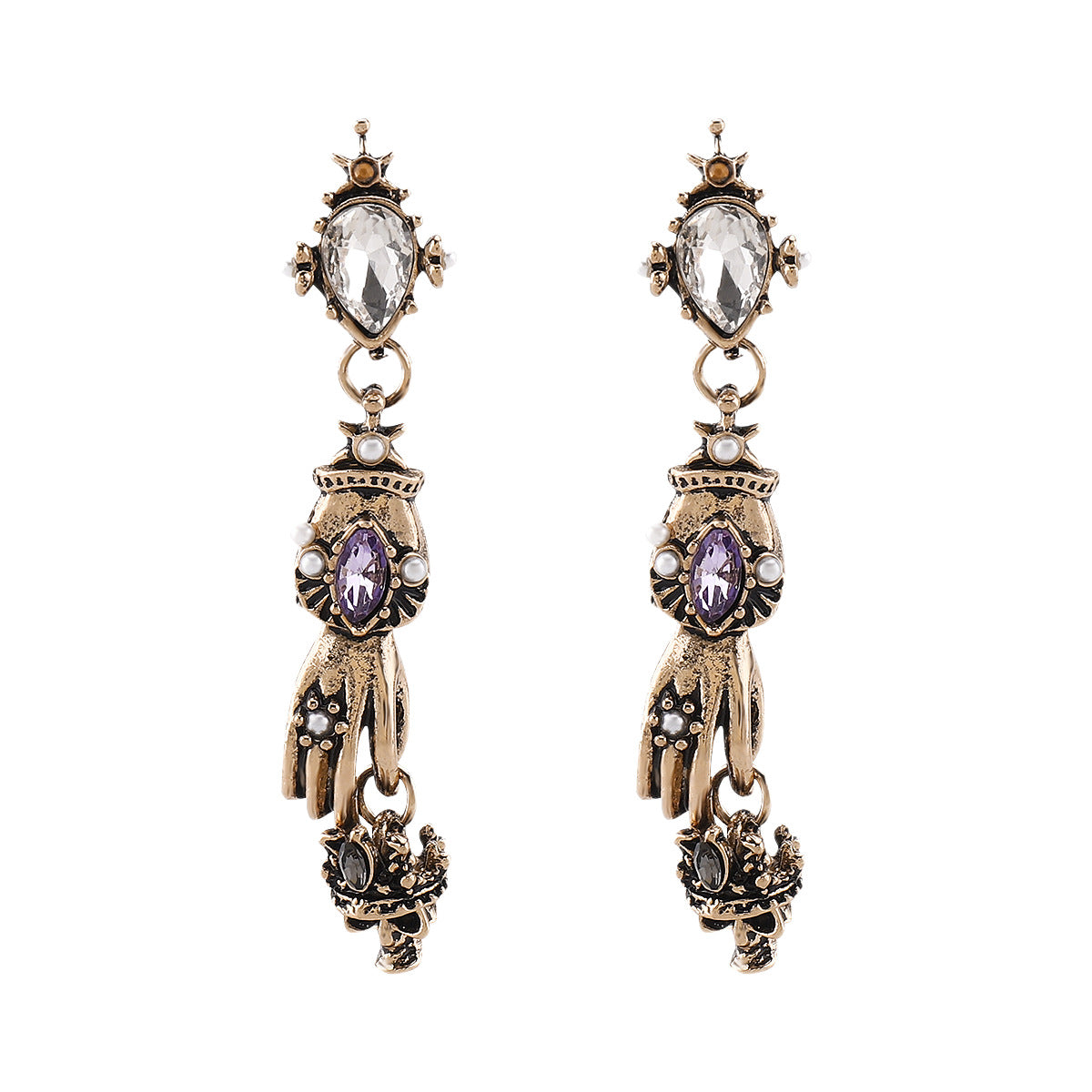 Pendientes de aleación con forma de corazón vintage con detalles de diamantes de imitación y perlas de imitación para mujer