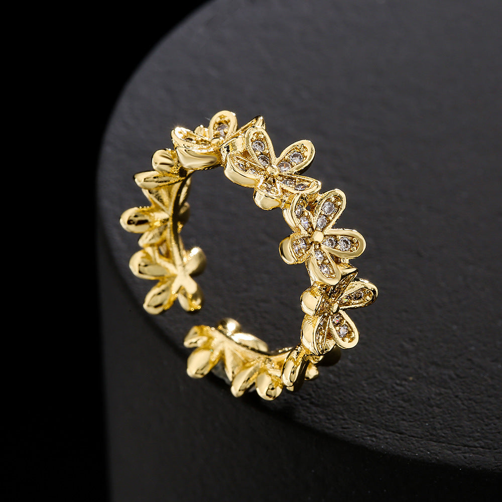 Minimalist 18K Gold Plated Copper Zircon Leaf Geometric Open Ring for Women