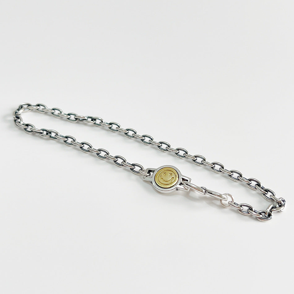 Vintage Sweet 925 Sterling Silver Geometric Smiley Face Beaded Bracelet for Women