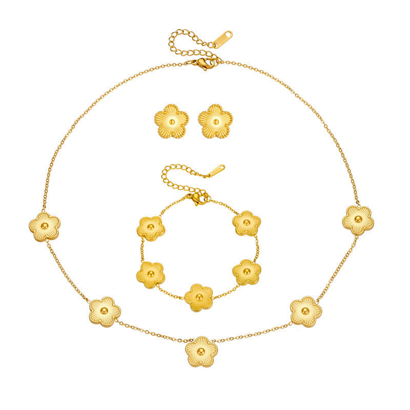 Minimalist Luxury Five-Petal Flower Necklace Set in Titanium Steel with Laser-Cut Clover Design, Electroplated Finish, Geometric Shape, O-Chain for Women
