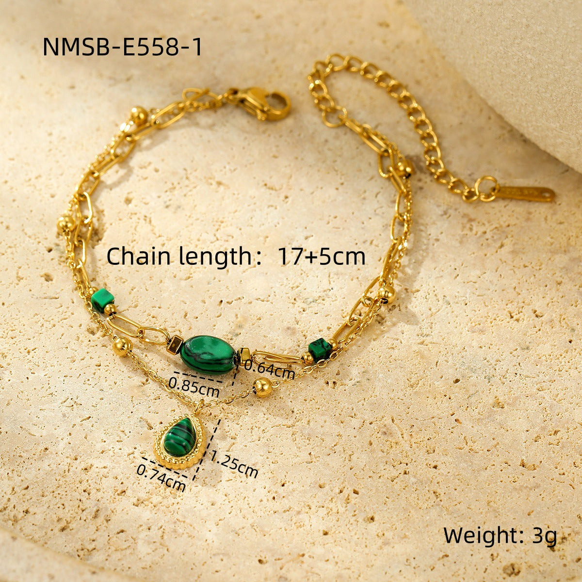 Bracciale alla moda in acciaio inossidabile stile ufficio con intarsi in pietra naturale e pendente in acciaio al titanio