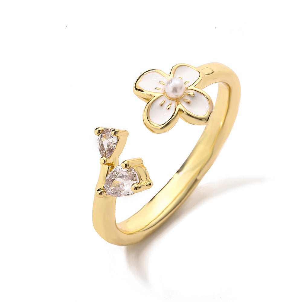 Anello Aperto Geometrico Minimalista da Donna con Finitura Smaltata e Motivo Floreale in Zirconia Micro-Pave
