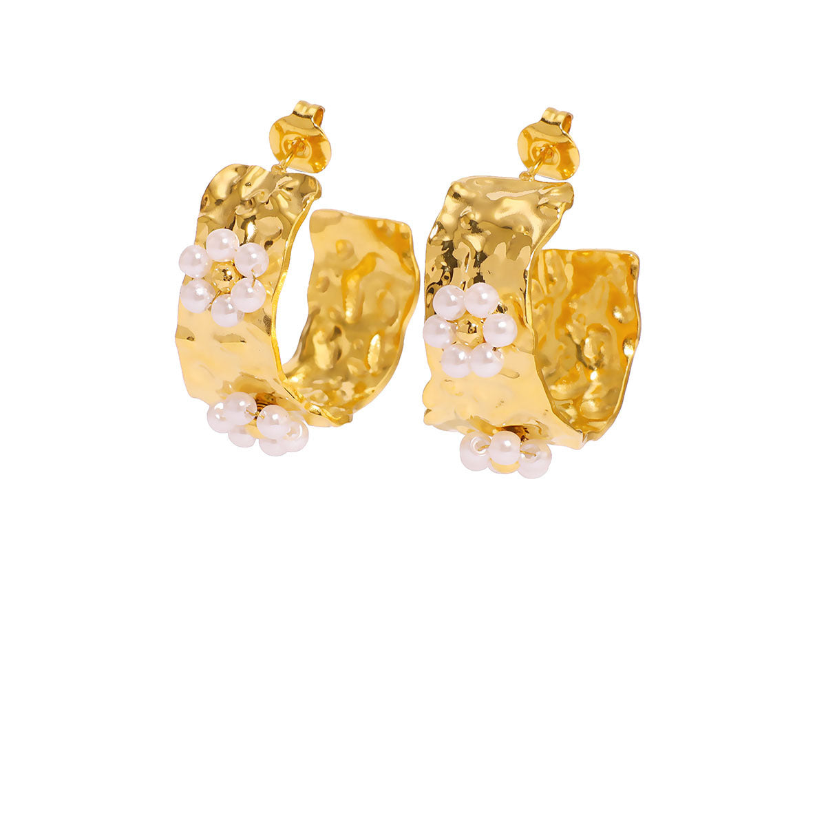 Orecchini in acciaio inossidabile a C geometrici stile Ins con intarsio di fiori e perle da donna