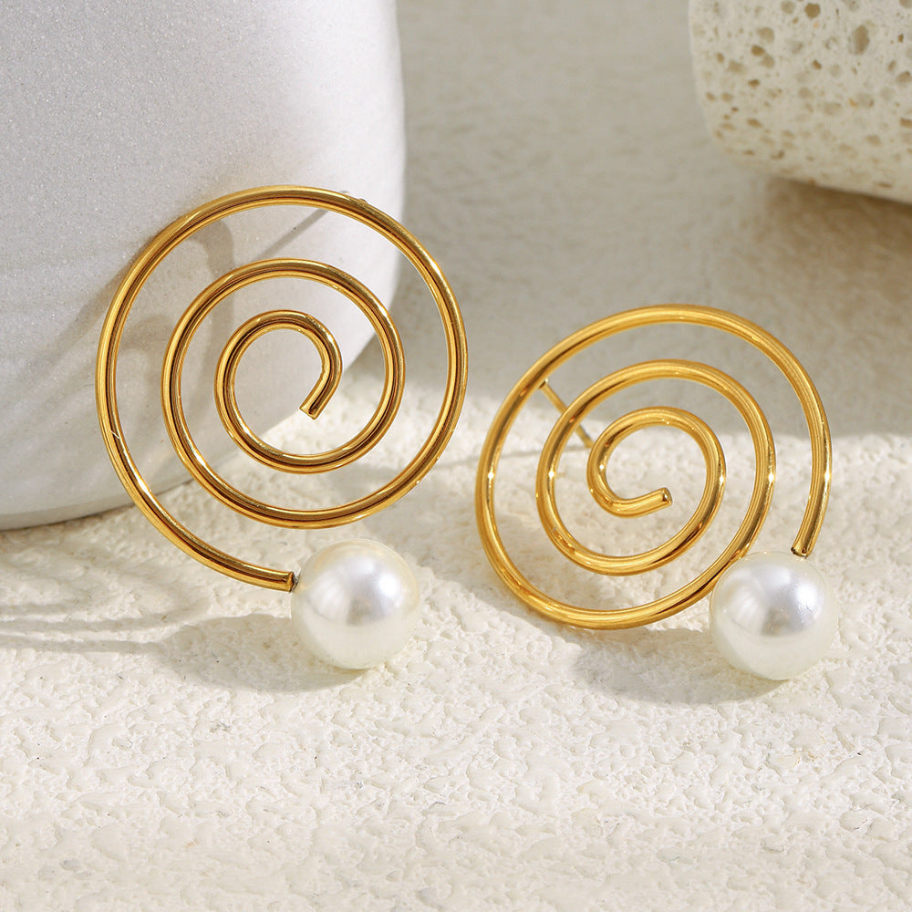 Orecchini da Donna a Perno Minimalisti Geometrici a Spirale Placcati Oro 18K in Acciaio Inossidabile con Perla