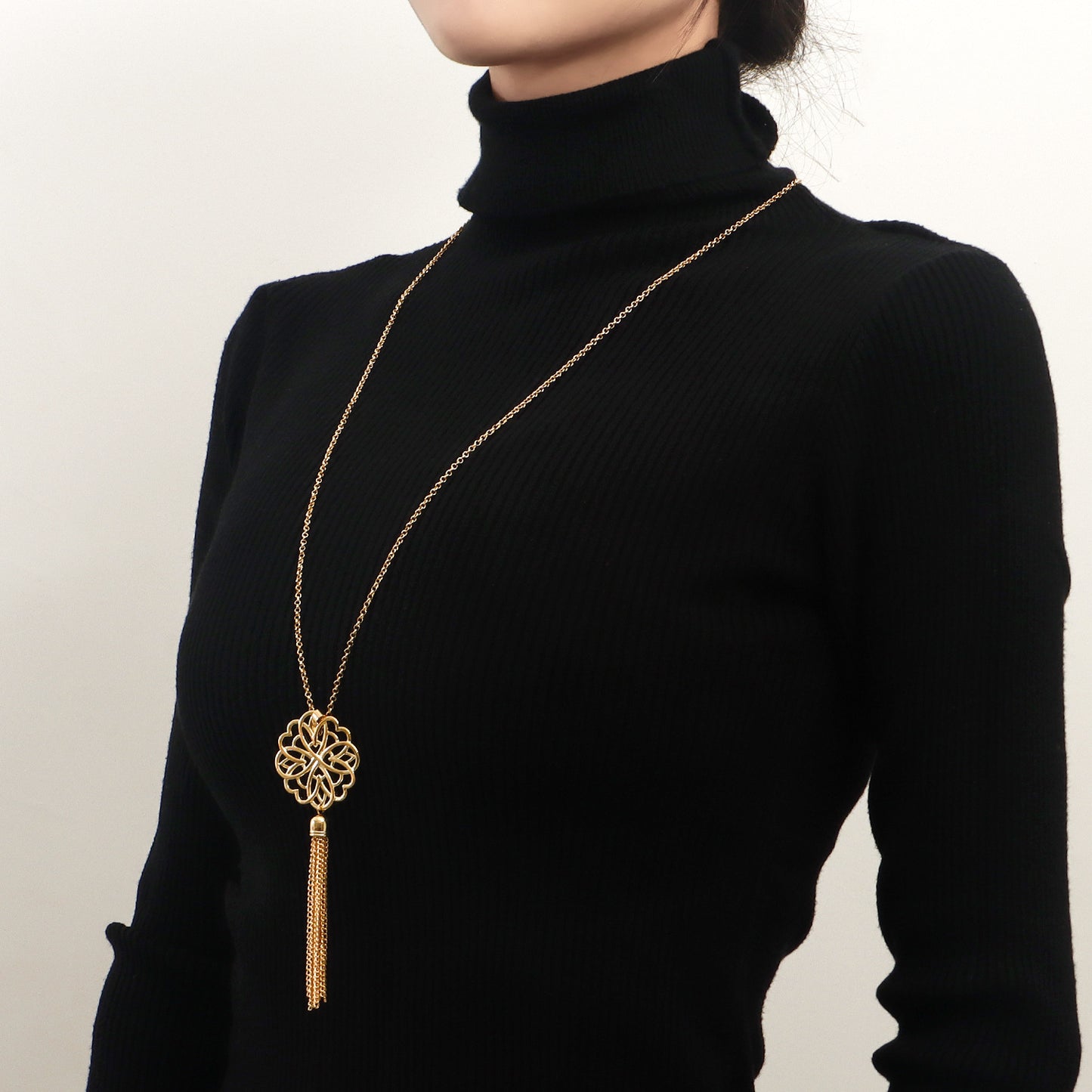 Minimalist Lotus Pendant Long Layered Necklace for Women with Hollow Design and Tassel Detail in Alloy with Plating Finish