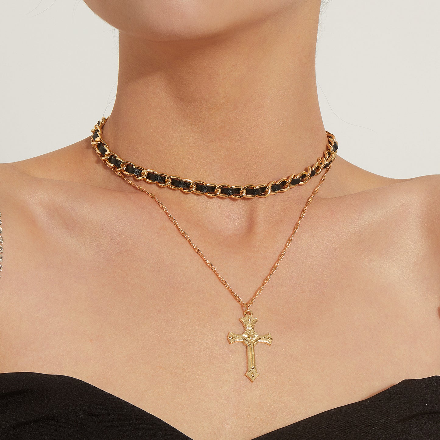 Vintage Cross Pendant Necklace for Women in Alloy with Electroplated Finish and Adjustable Black Leather Cord