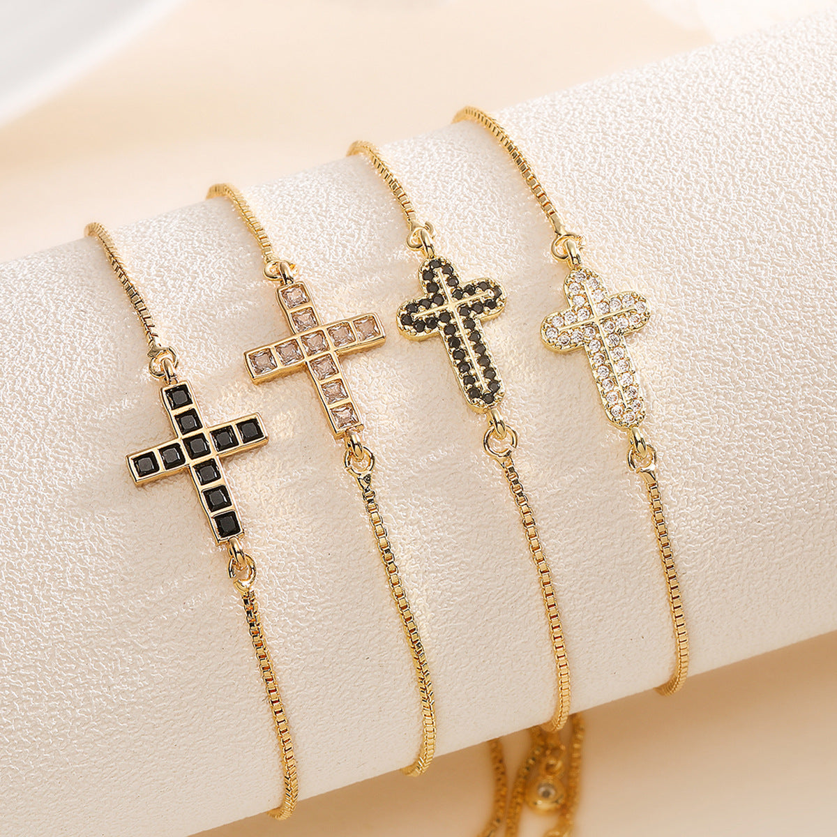 Vintage 18K Gold Plated Brass Cubic Zirconia Inlay Cross Bracelet for Women
