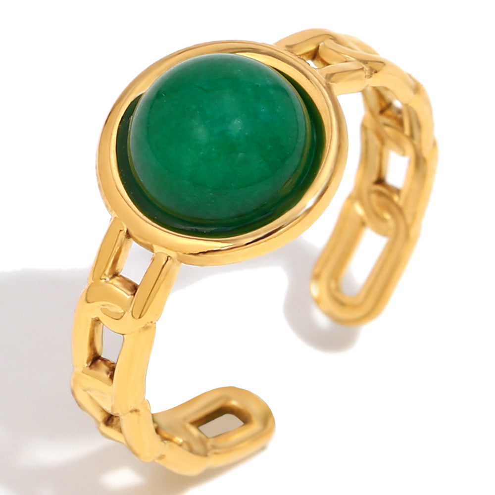 Vintage Geometric Stainless Steel Plated 18K Gold Green Gemstone Open Ring for Women