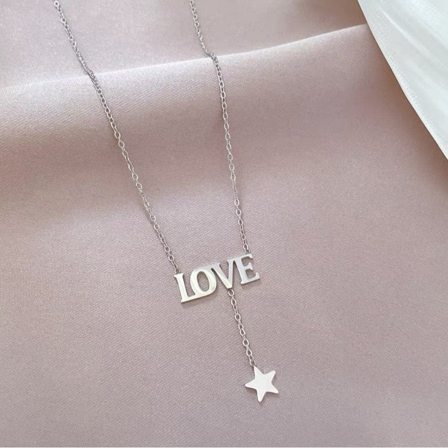 Minimalist Love Letter Pendant Necklace with Star Charm in Titanium Steel for Women