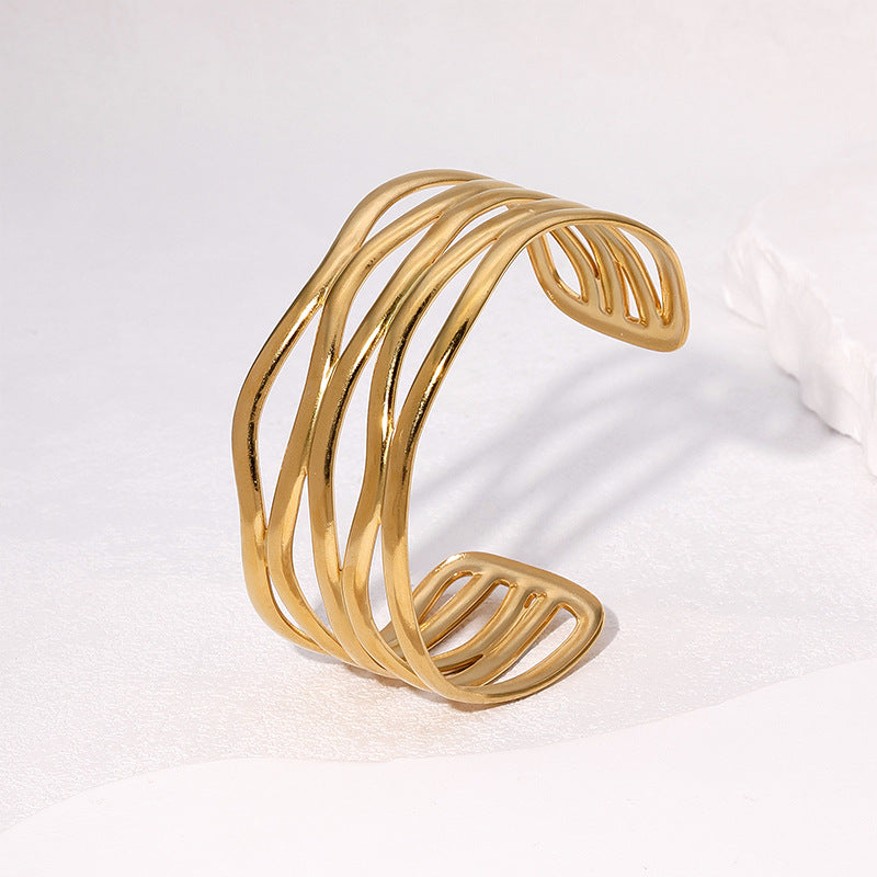 Minimalist Irregular Open Adjustable Stainless Steel Bracelet with 18K Gold Plating