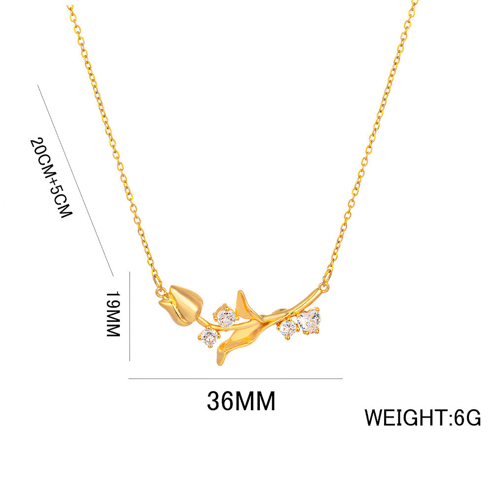 Collana Minimalista a Tulipano in Acciaio al Titanio con Ciondolo a Fiore in Zircone e Intarsio di Strass su Catena Serpentina