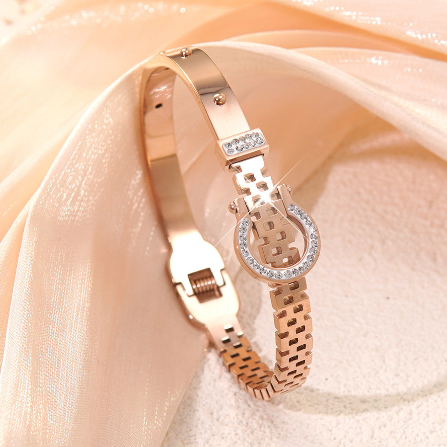 Minimalist Elegant Rose Gold Plated Round Geometric Stainless Steel Titanium Steel Bracelet for Women