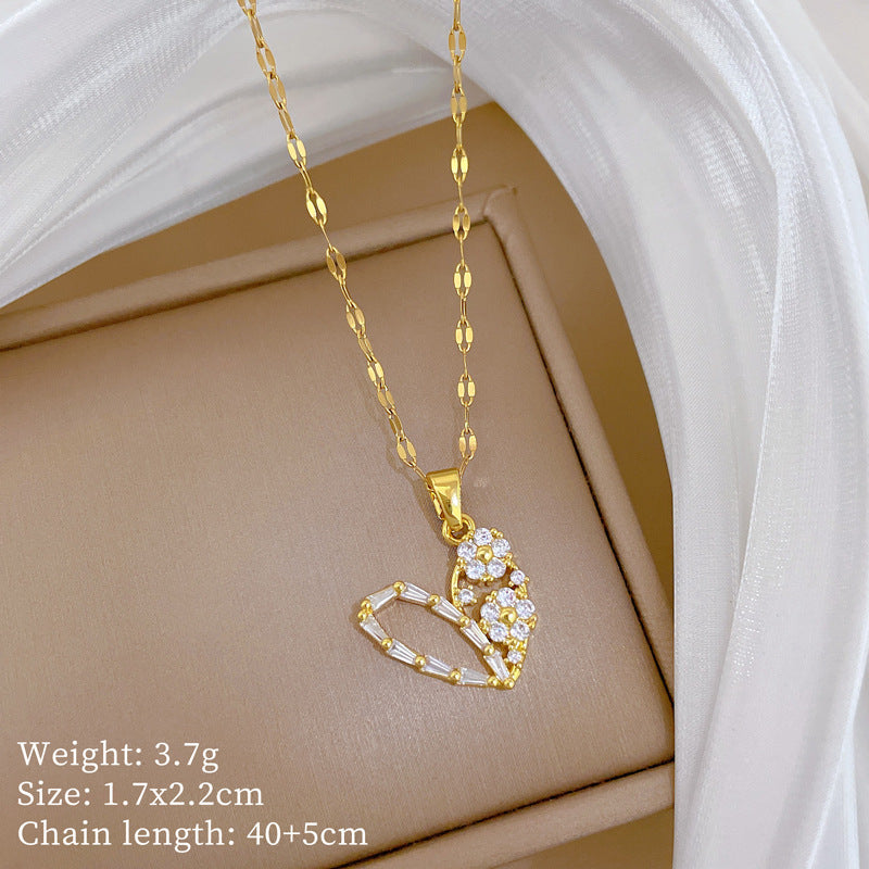 Sweet Minimalist Heart Geometric Rhinestone Titanium Steel Necklace for Unisex