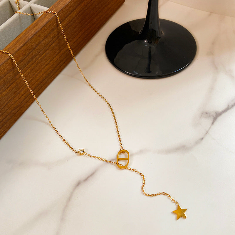 Streetwear Gold Plated Star Titanium Steel Necklace with Cubic Zirconia Tassel for Unisex