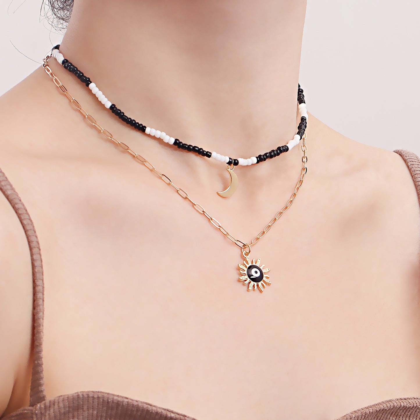 Bohemian Mixed-Color Miyu Moon and Evil Eye Pendant Necklace for Women with Alloy Construction and Electroplated Finish