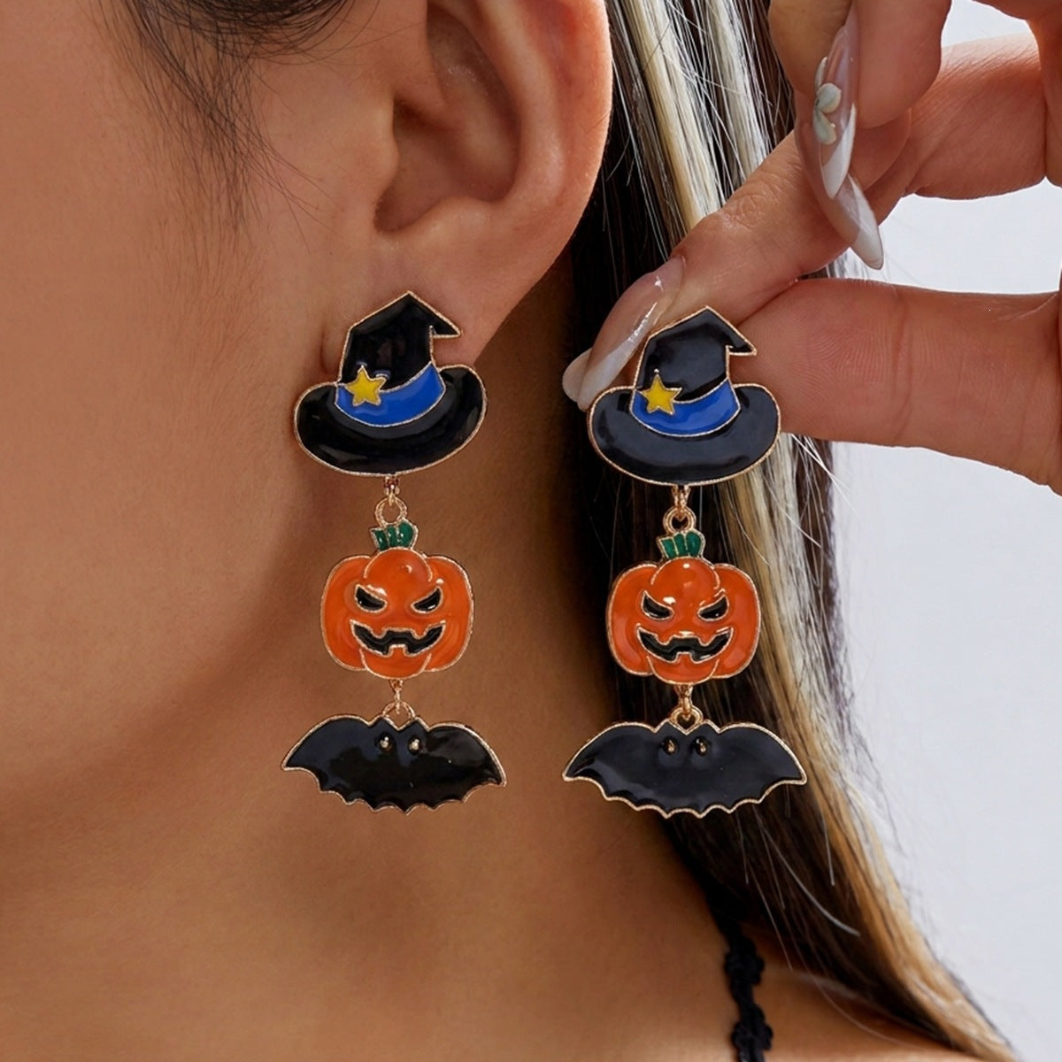 Cute Halloween Pumpkin and Witch Hat Drip Oil Plated Alloy Earrings Unisex Cartoon Drop Earrings