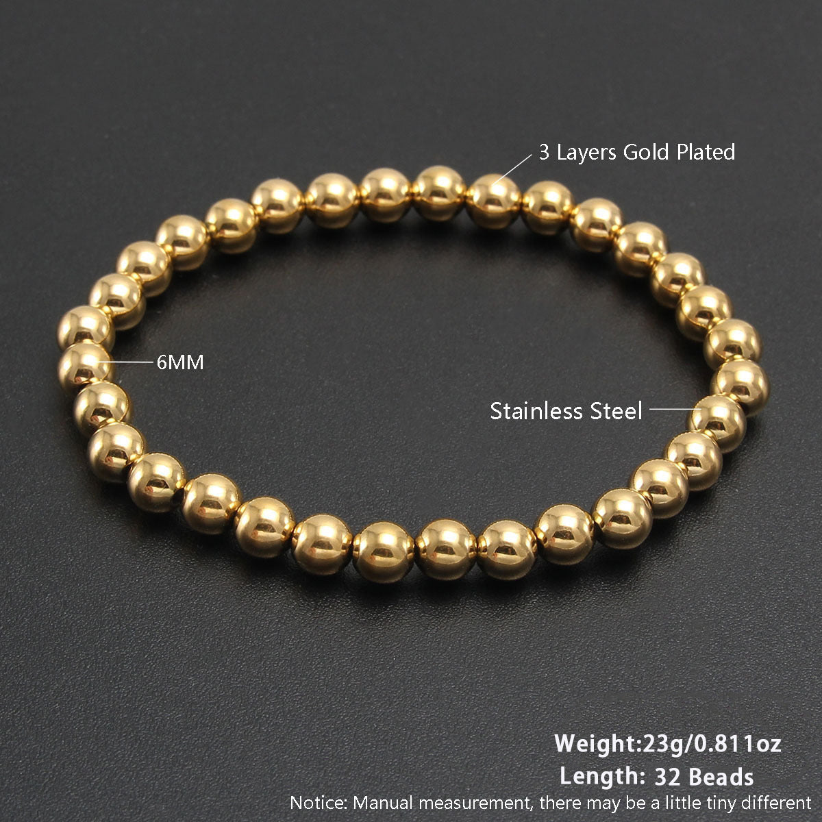 Gold Plated Stainless Steel Ball Chain Bracelet Unisex Elastic Beaded Hand String