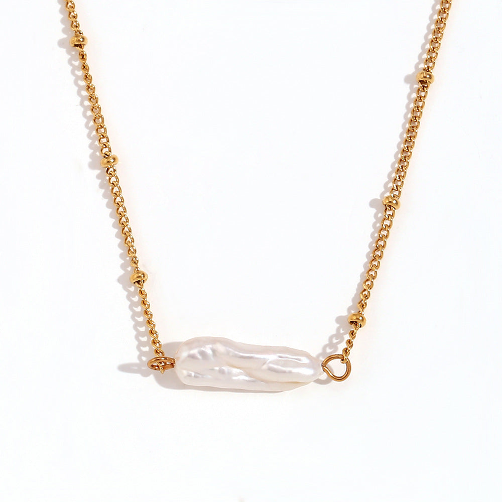 Elegant 18K Gold Plated Geometric Stainless Steel Necklace with Baroque Pearl Pendant