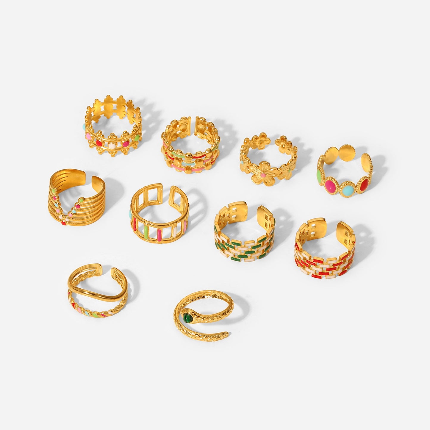 Anello in Acciaio Inossidabile Placcato Oro 18K da Donna, Design Geometrico alla Moda con Smalto Colorato a Goccia