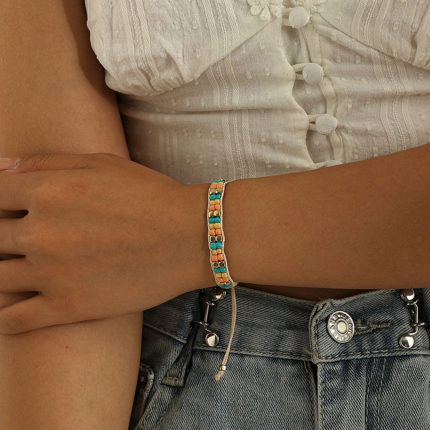 Geometric Style Adjustable Beaded Bracelet for Women with Metal Beads Fashion Jewelry