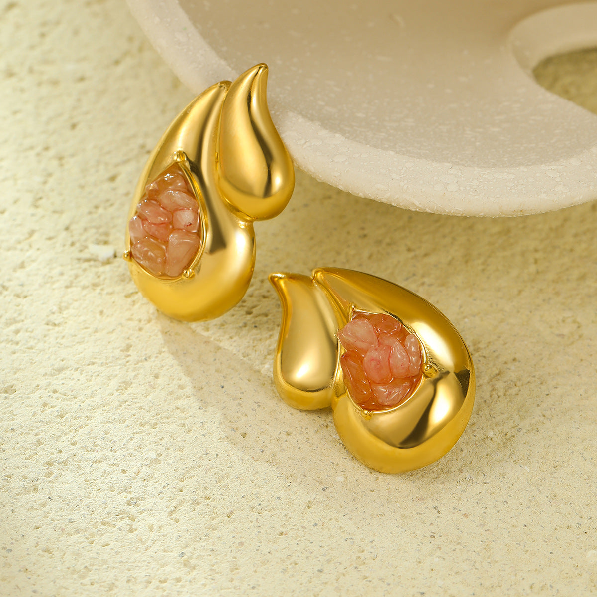 Orecchini a Goccia Doppi in Acciaio al Titanio Lucidato Stile Vintage Minimalista con Dettagli in Pietra Naturale e Placcatura in Oro 18K