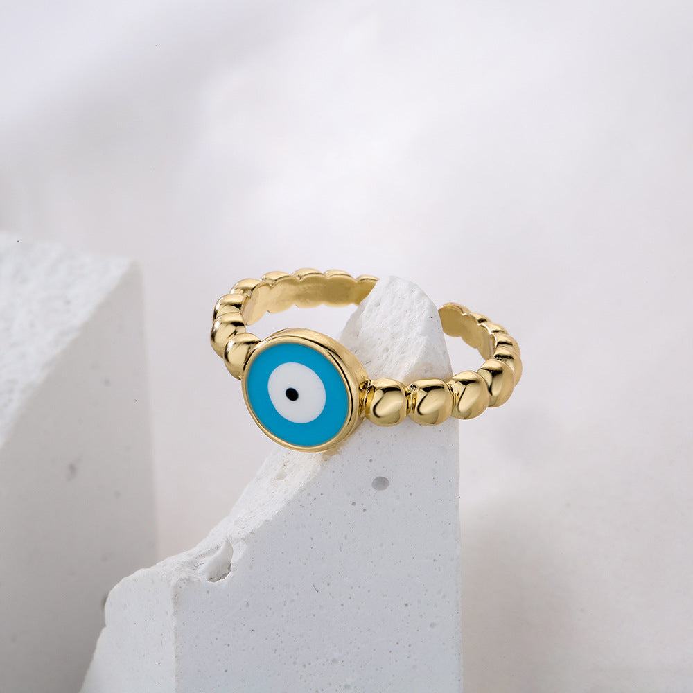 Anello Aperto Geometrico Minimalista da Donna con Base in Rame, Placcatura in Oro 18K e Smalto a Forma di Occhio di Allah