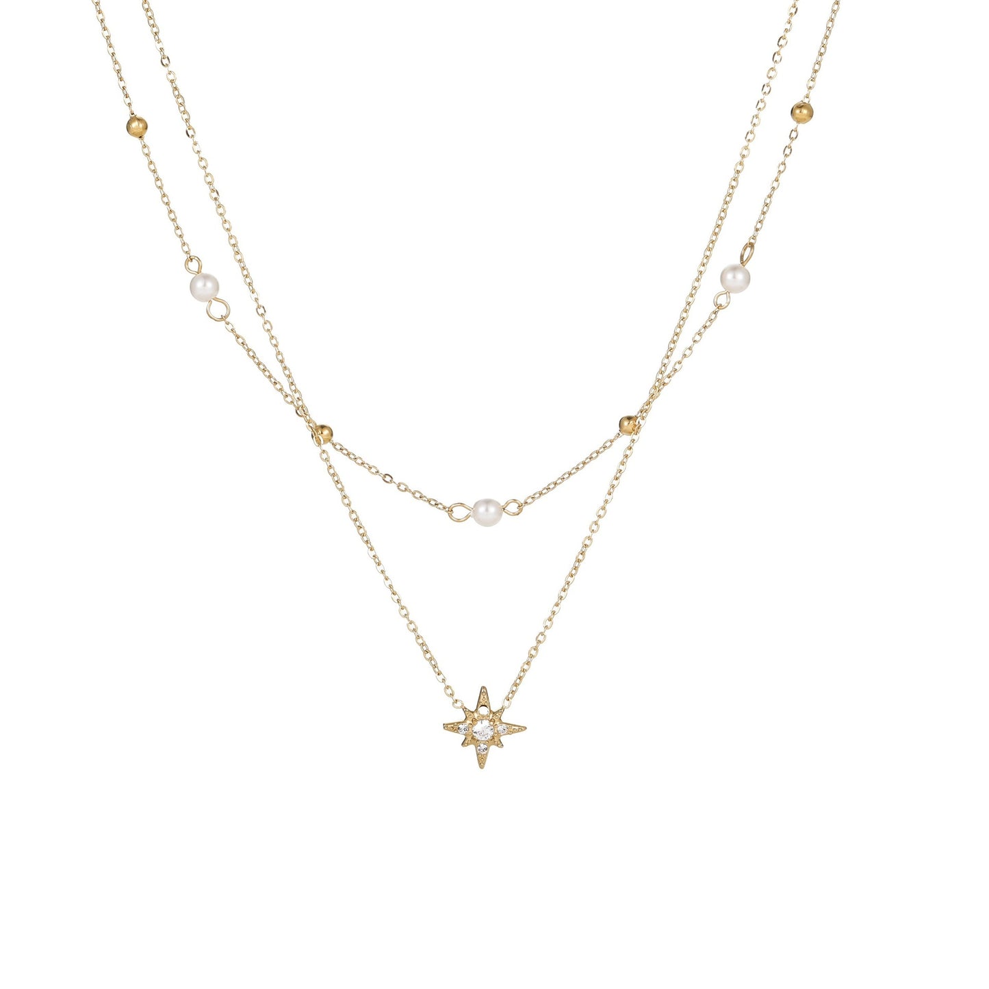 Fashionable Geometric Double-Layer Six-Pointed Star Pendant Necklace in Stainless Steel with Rhinestone Inlay and 18K Gold Plating for Women