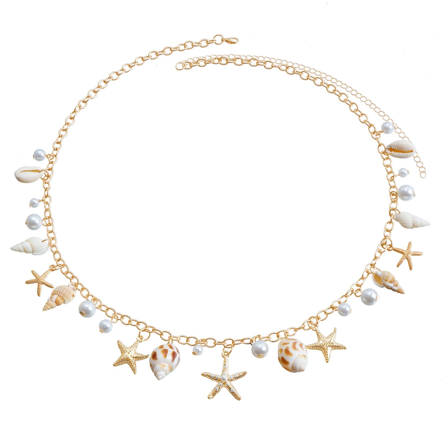 Bohemian Beach Shell Waist Chain with Starfish and Conch Pendant for Women Summer Travel Style Metal Body Chain with Painted Finish