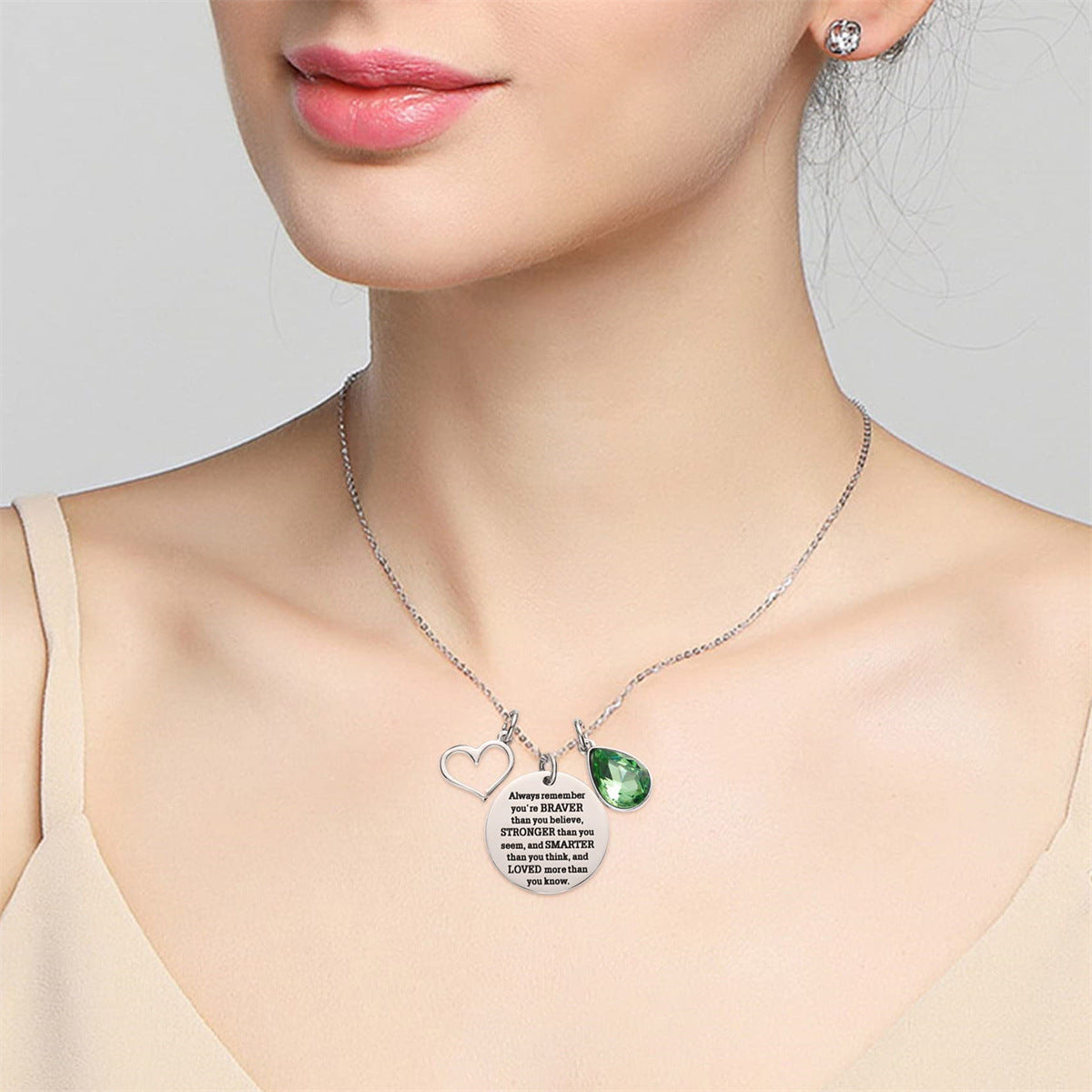 Collar con colgante de acero inoxidable hueco en forma de corazón, dulce y fresco, con grabado, dije redondo de 12 piedras de nacimiento, acabado pulido, cadena tipo O para mujer