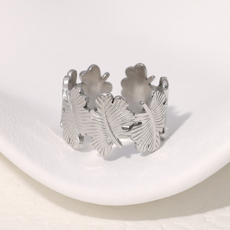 Fashion Leaf Shaped Plated Stainless Steel Ring for Women