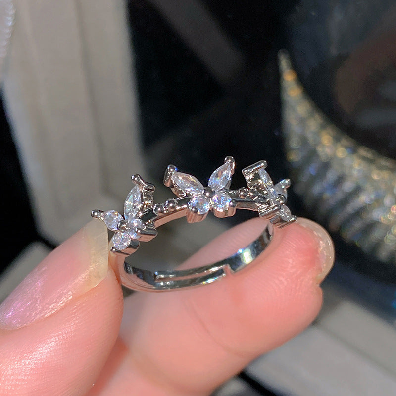 Sweet Elegant Heart Butterfly Brass Ring with Cubic Zirconia Handmade Adjustable